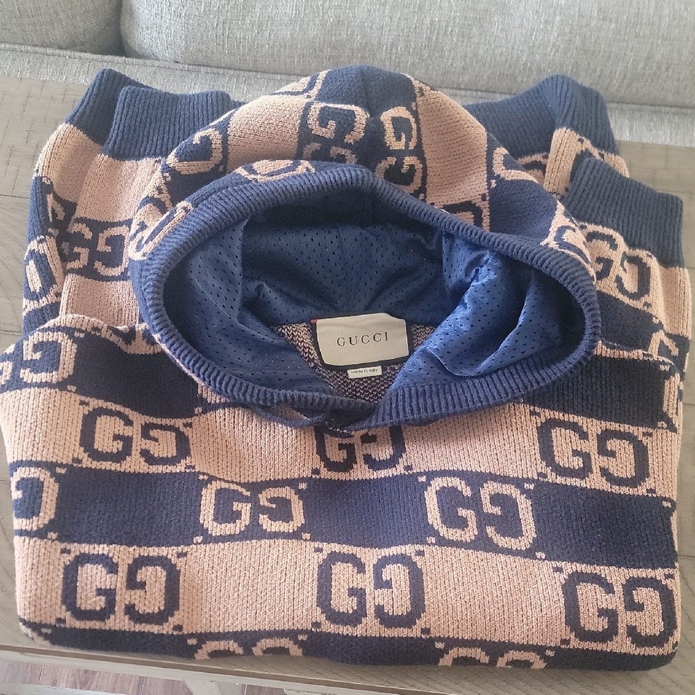Gucci Navy and Beige GG-Pattern Turtleneck Sweater